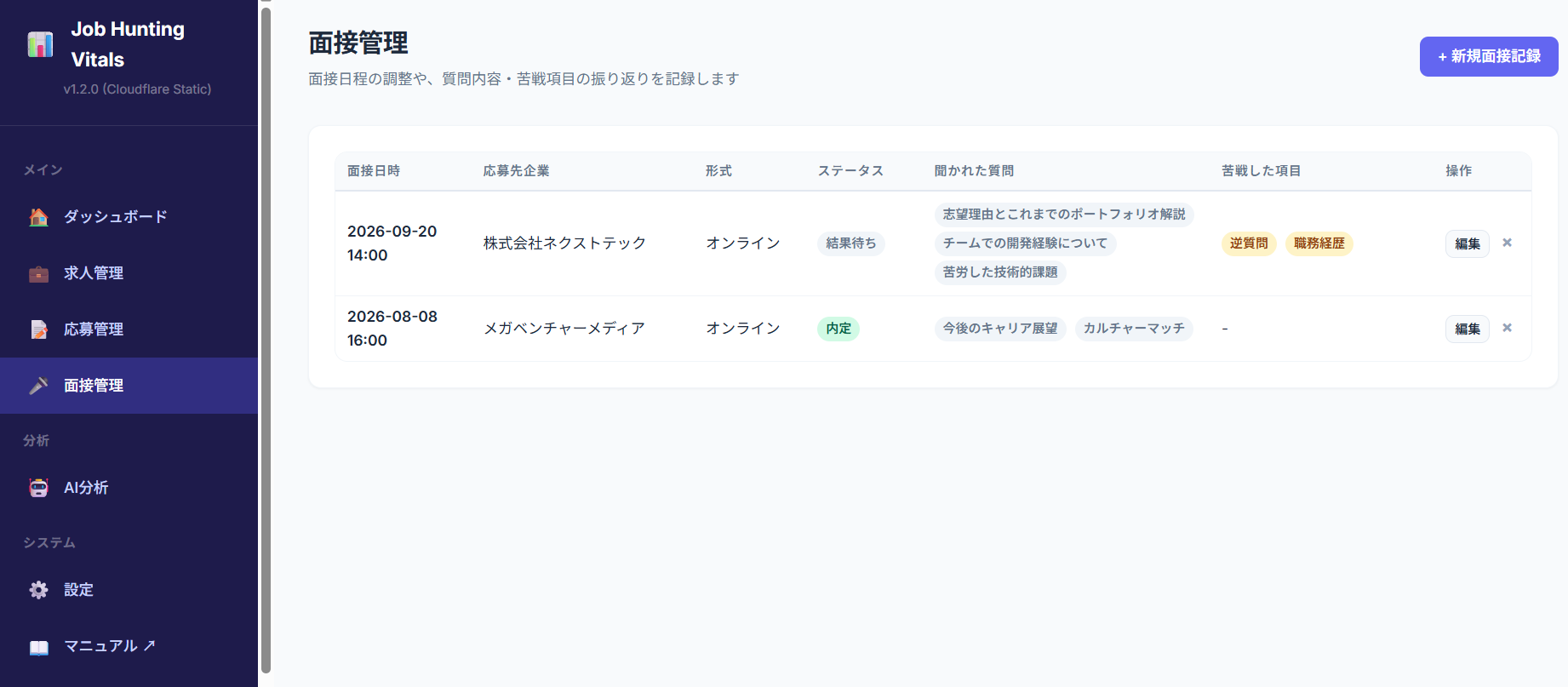 面接管理画面のスクリーンショット